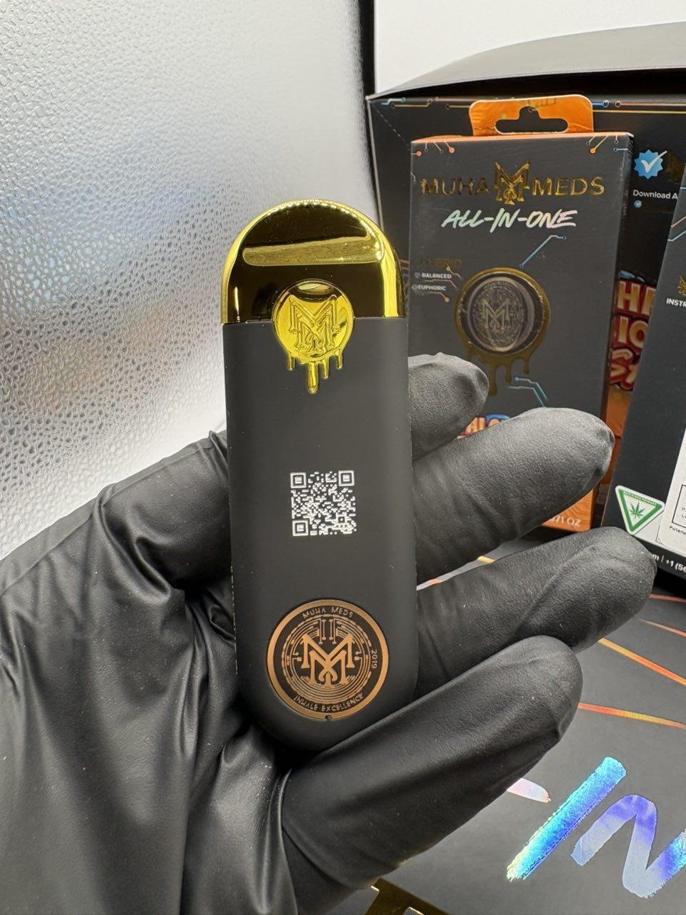 Muha Meds Golden Hour master display featuring assorted indica, sativa, and hybrid 2G disposables Muha Meds Golden Hour master display featuring assorted indica, sativa, and hybrid 2G disposables