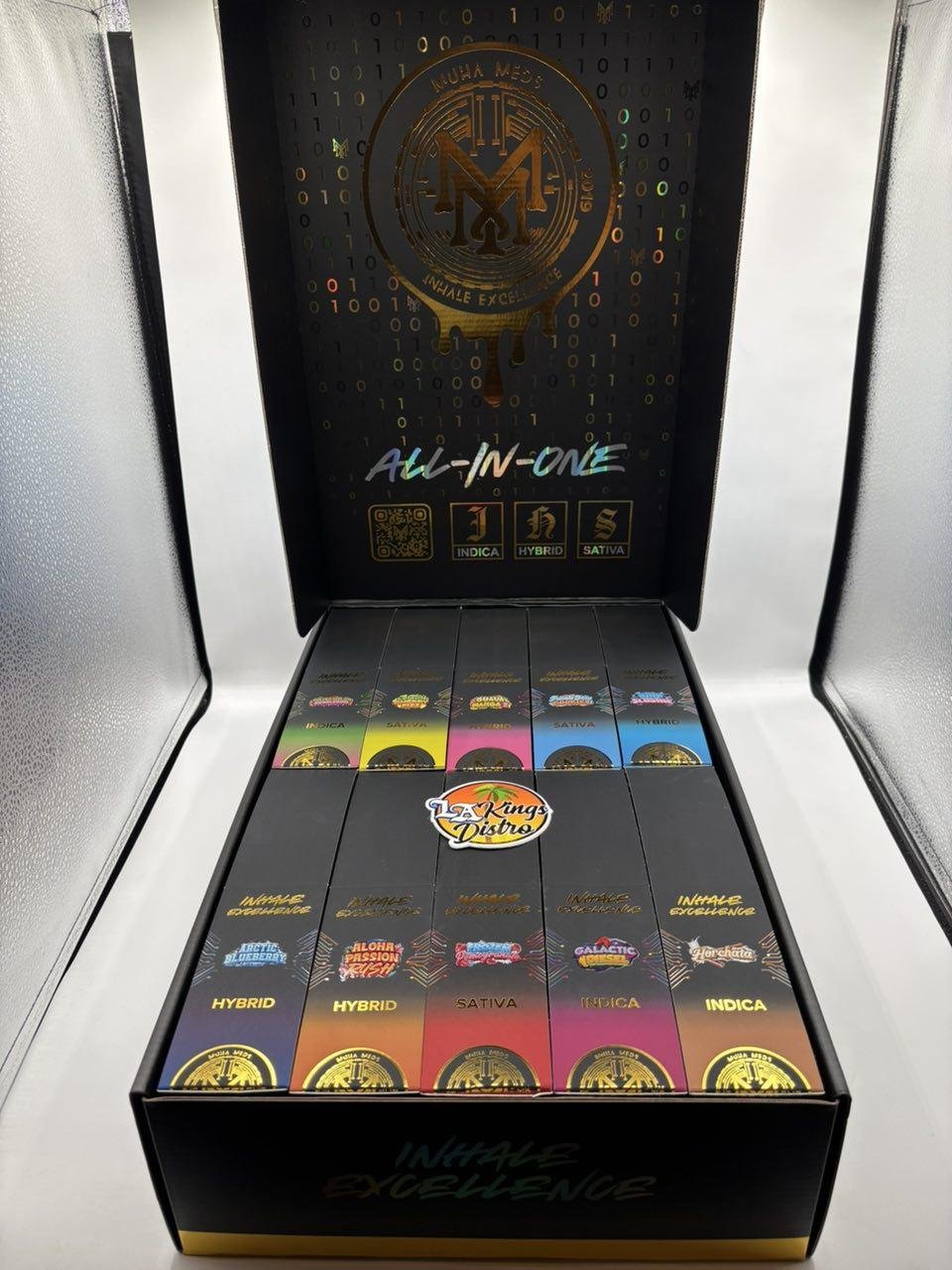 Aloha Passion Rush Muha Meds Golden Hour 2G all-in-one device displayed with QR and laboratory label Aloha Passion Rush Muha Meds Golden Hour 2G all-in-one device displayed with QR and laboratory label