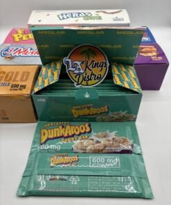 MedLabs DunkAroos 600mg chocolate bar packaging displayed with assorted edible boxes and Nerds Rope