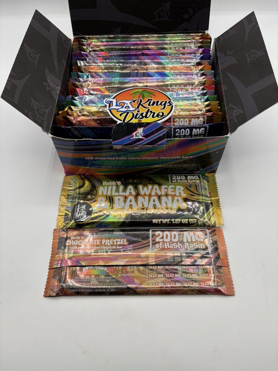 Open wholesale display containing twenty assorted Hash House 200mg hash rosin chocolate bars Open wholesale display containing twenty assorted Hash House 200mg hash rosin chocolate bars