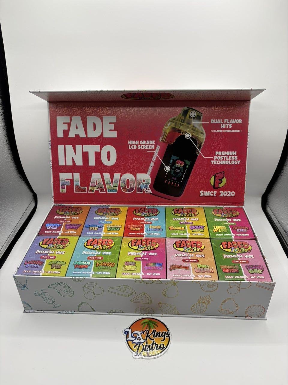 Rear view of Faded Fruits 2G Disposable showing integrated Flavor 1 and Flavor 2 LCD screen Rear view of Faded Fruits 2G Disposable showing integrated Flavor 1 and Flavor 2 LCD screen