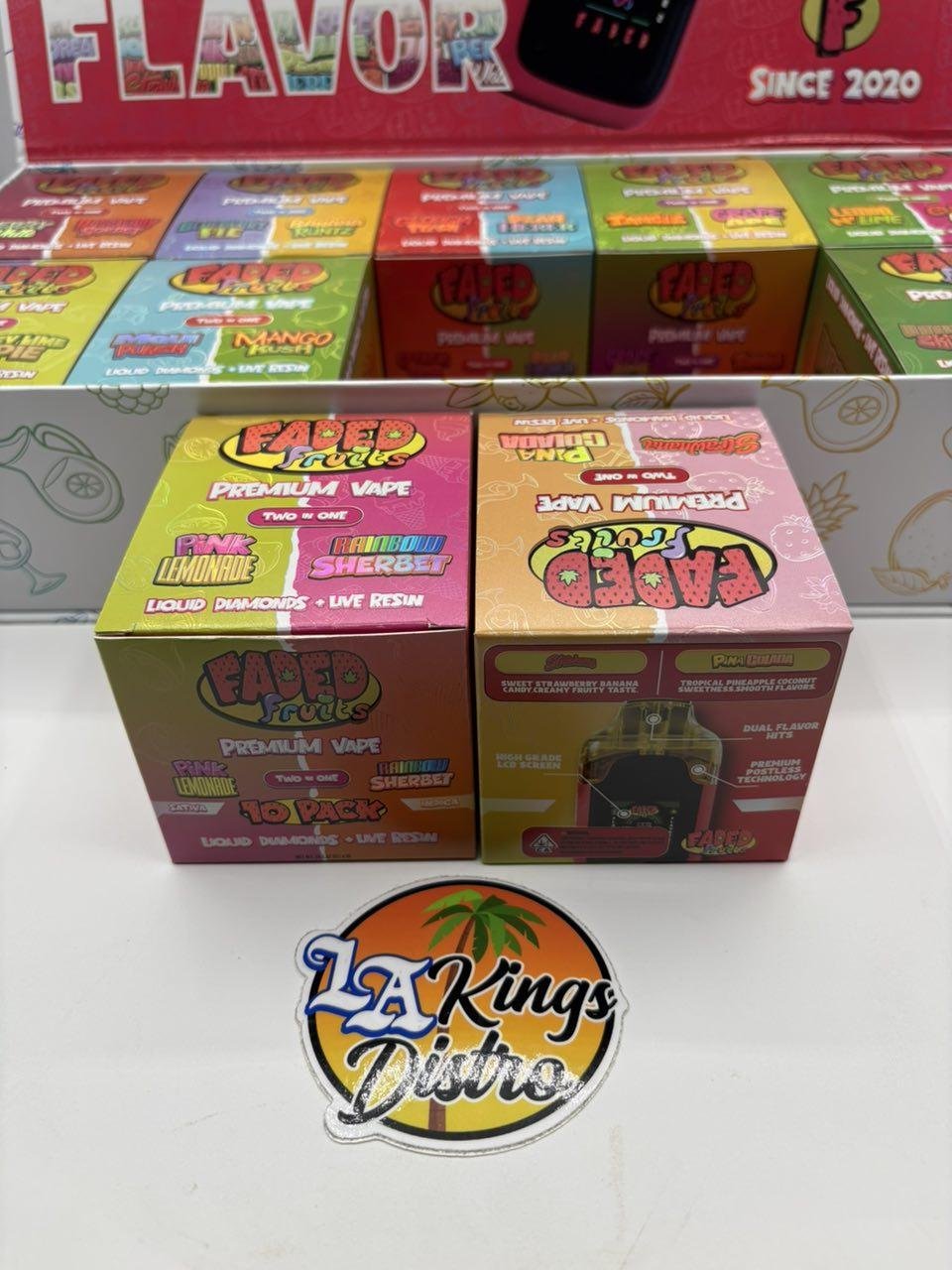 Rear view of Faded Fruits 2G Disposable showing integrated Flavor 1 and Flavor 2 LCD screen Rear view of Faded Fruits 2G Disposable showing integrated Flavor 1 and Flavor 2 LCD screen
