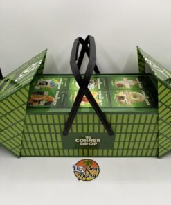 Front, back, and protective case views of green Splitz 2G Disposable beside a 10-pack carton
