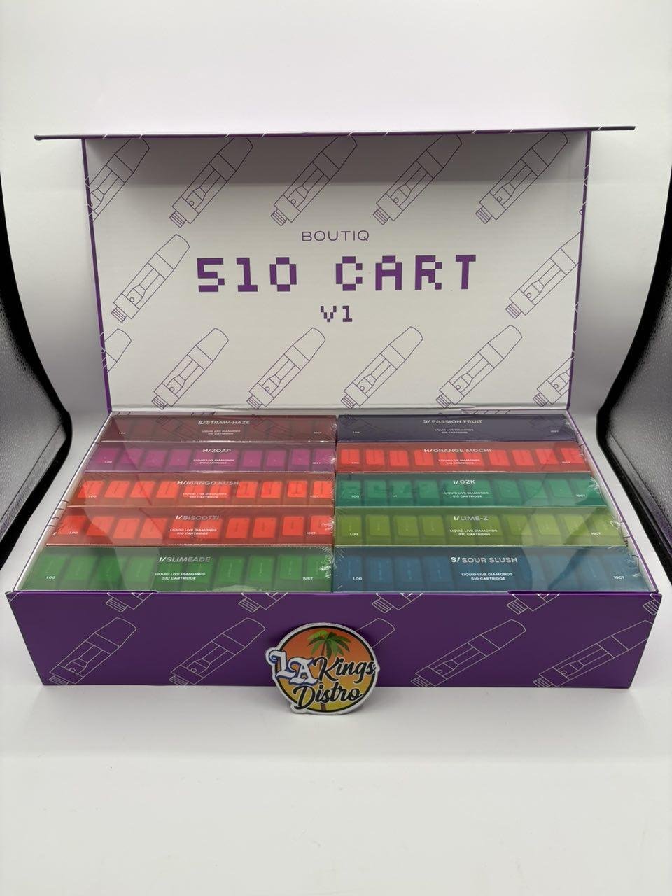 Boutiq Sour Slush 1G 510 Cart V1 with front packaging, batch label, and master carton Boutiq Sour Slush 1G 510 Cart V1 with front packaging, batch label, and master carton