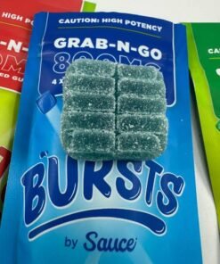 Authentic Bursts by Sauce 800MG Nano Live Resin Gummies display with assorted flavor packaging